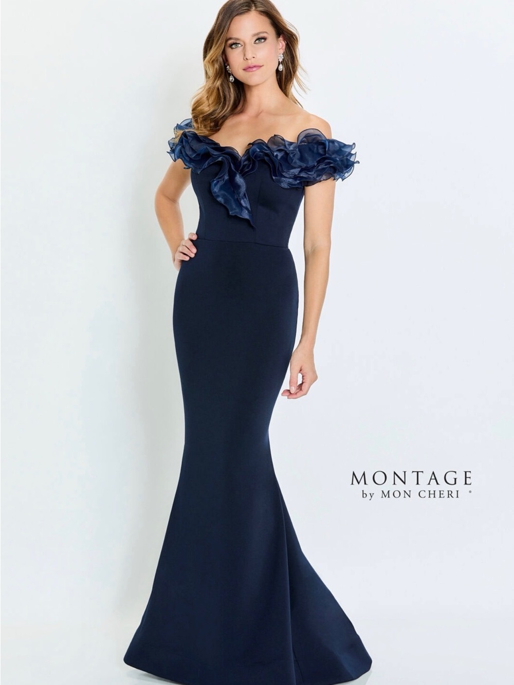 Montage by Mon Cheri Navy Off-Shoulder Ruffle Mermaid Dress